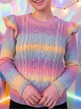 LOFT Pastel Rainbow Cable-Knit Ruffle Shoulder Sweater - Multi